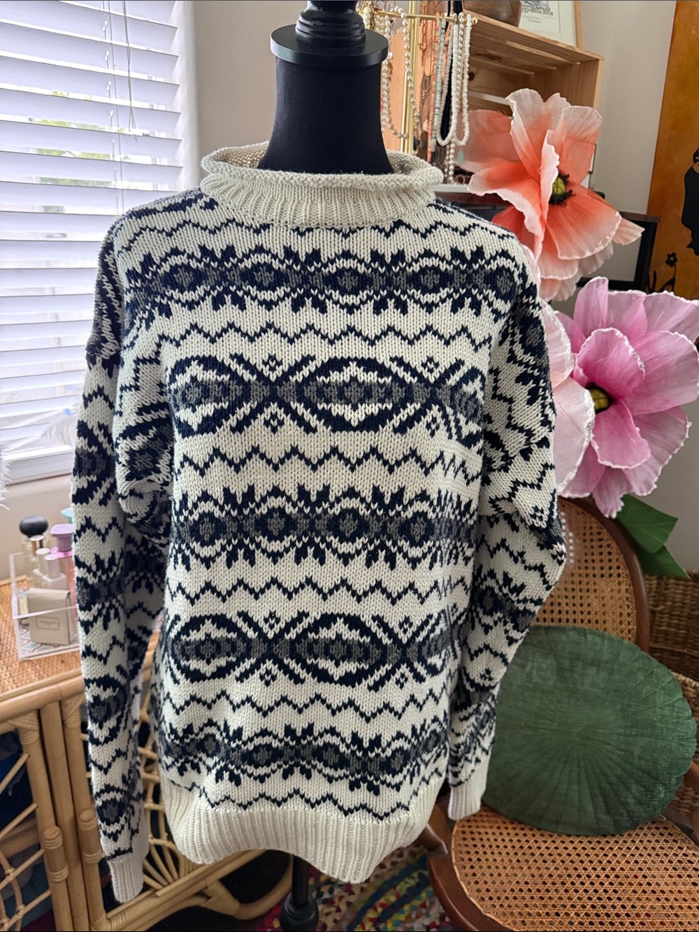 Vintage 90s GAP Ivory Navy Fair Isle Nordic Chunky Knit Roll Neck Sweater